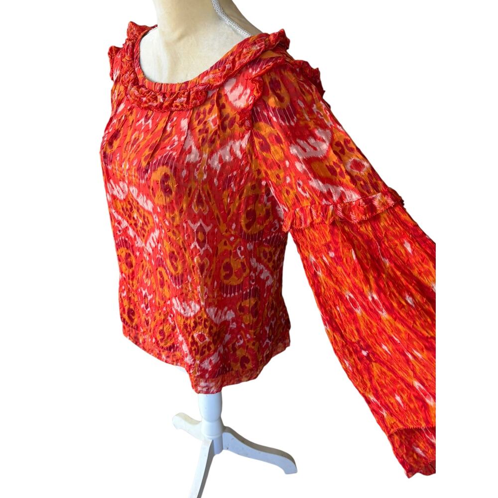 Tory Burch Orange Ikat Ruffle Blouse Top Size 12 Bergdorf Goodman Silk - Picture 5 of 15